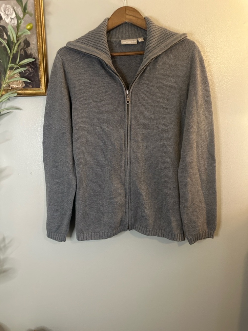 Croft & Barrow Gray Cotton Zip Cardigan Sweater Mock Neck Rib Knit Medium - Picture 2 of 8